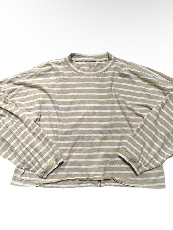 aerie Tops - Women’s Aerie White Beige Striped Long Sleeve Cropped Shirt Size Large